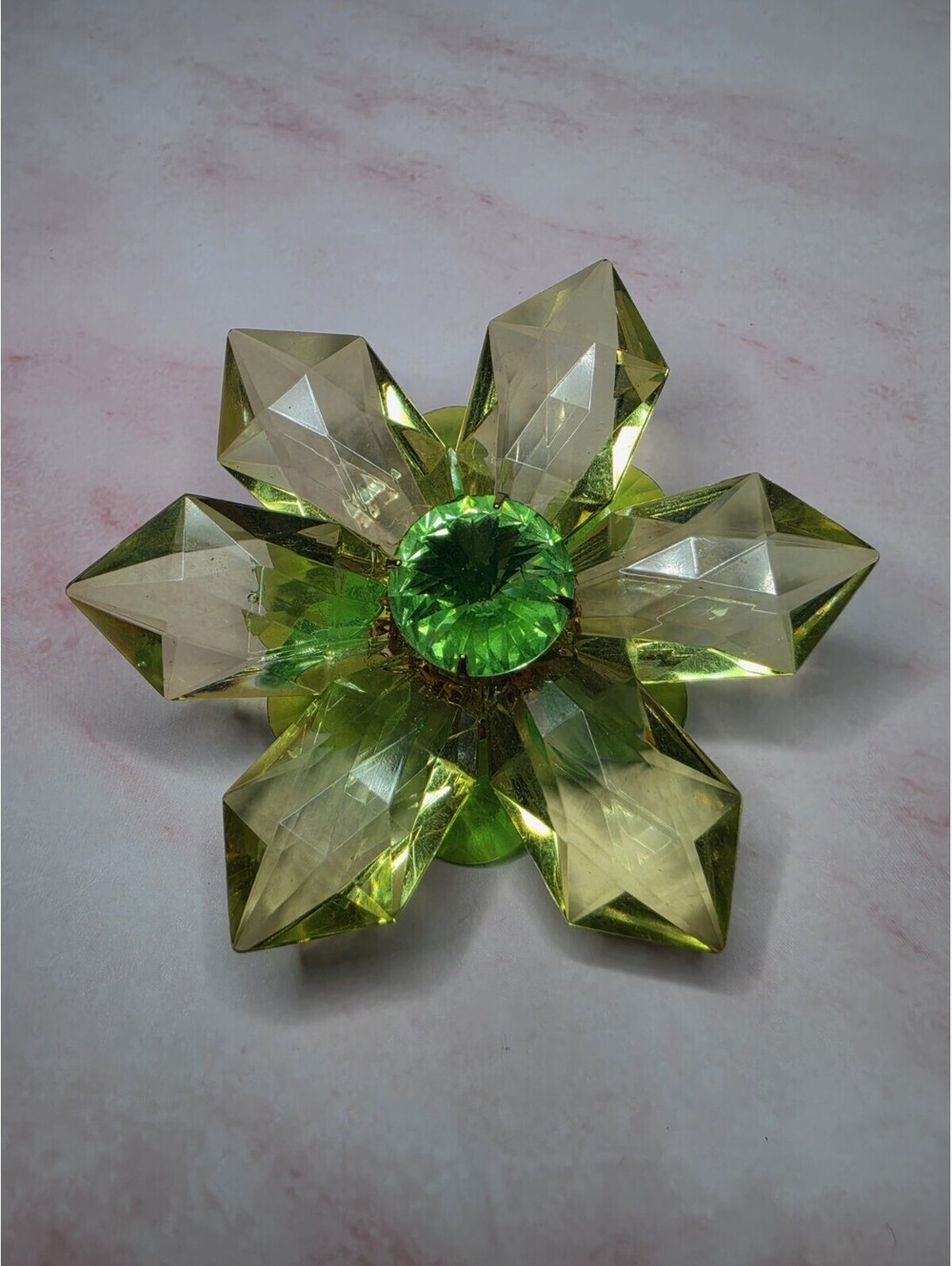 Vintage Faceted Green Lucite Plastic Flower Brooch 3"